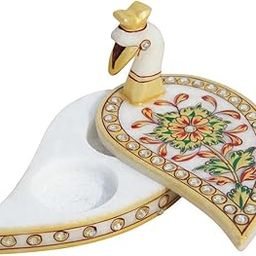 SEVLIYA Traders Handmade Peacock Shape Marble Roli/sindoor/kumkum Box/Roli Chawal Chopra Made of Indian Product Alluring Home Décor Made Diwali Gift (Gold Ring)-image-20