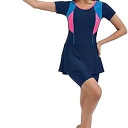 Nylon Women's Frock Style Half Sleeves with Cycling Short Swimwear-image-40