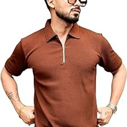 Loosefit Polo Tshirt for Mens || Oversize|| Zipper with Texture Fabric Tshirt for Men. Brown-image-90