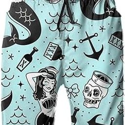 Men's Swim Trunks Mermaid and Skull Mint Blue Surfing Beach Board Shorts Swimwear-image-27