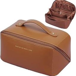VYAKAT Large-Capacity Travel Cosmetic Bag, Large Travel Makeup Bag, Waterproof Portable Leather Makeup Bags, Double-Layered Cosmetic Bag, Multifunctional Storage Makeup Bags for Women (Brown)-image-64