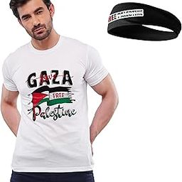 Free Palestine Support T-Shirt and Headband Set, White Cotton, Graphic Print-picture-25