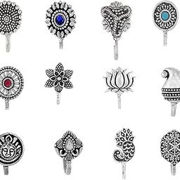 Grey Oxidized Silver Indo Western Fashion Jewellery Nose Pin for Women and Girls (Combo of 12)-47