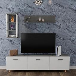 DIVYSA Modern TV Entertainment Unit with Wall-Mounted Shelves, Open and Closed Storage, and Contemporary Design for Living Room, Bedroom – Suitable for TVs up to 55 Inches, Color: Grey & White-image-75
