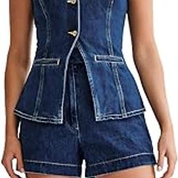 Womens Denim 2 Piece Set Sleeveless Button Down Vest Tops Short Pants Suit Sets-image-42