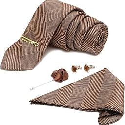louis stitch Mens Maple Brown Italian Silk Necktie Set Incl Pocket Square Cufflinks Golden Tiepin Brooch American Style Formal Tie Gift Set for Men (BR07GP)-picture-44