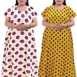 Traditional Indian Cotton Maxi Dress, Plus Size, Ethnic Print with Medallion Pattern, Short Sleeves, Maroon and Navy Blue, Pack of 2 (red Gola Yellow titli, 4XL)-image-21