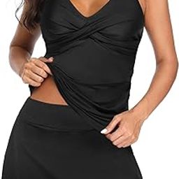 Womens Tankini Bathing Suits with Skirt Two Piece Tummy Control Swimsuits Ladies Swimwear, Black, XL-image-91