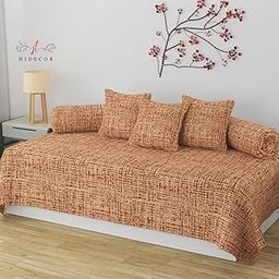 Hidecor Super Soft Cotton Checked diwan Set for Living Room, Diwan Covers Cotton, diwan Set 6 Pieces One Single Bedsheet with 3 Cushion Cover,2 Bolster (Beige)-image-1