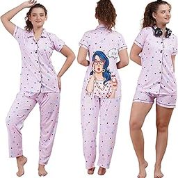 Printed UltraSoft Night Suit for Women - Digital Print Satin Shirt Top and Pyjama Set with Shorts for Honeymmon Casual Wedding Valentine Party Festive Regular Wear-image-19