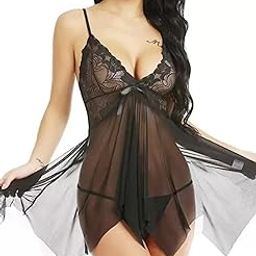 Women's Babydoll Lace Net Dress with Matching Panty | Self Design Nightwear | High Gloss Finish | Free Size | Colors: Blue, Black, Light Blue, Maroon, Pink, Dark Green-picture-12