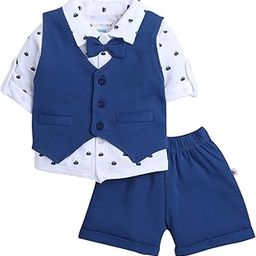 Navy & White Boys Full Sleeves Shirt Waistcoat & Short Set With Applique Bow (Peb9294)-image-40