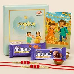 Gifticon Rakhi for Brother with Chocolate Combo Gift Set - Designer Rakhi for Brother Bhaiya with Chocobakes | IBCBak-2-RedBeads-image-98