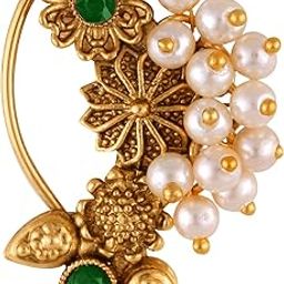 Vighnaharta Gold Plated with Pearl Alloy and Artificial stone Non Piercing Maharashtrian Nath Nathiya./ Nose Pin valentine day gift valentineday gift for her gift for him gift for women gift for women {VFJ1181NTH-Press-Green }-image-14
