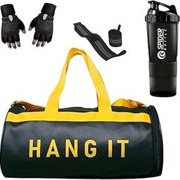 Hang It Gym Bag Combo for Men ll Gym Bag Polyester, Black Bottle, Black Wristband, Black Gloves ll Gym kit for Men and Women ll Gym Bag & Fitness Kit & Gym Bag Combo-102