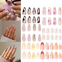 ZEELPETAL Press On False Nailsfor Girl, Medium Length, French Stick on Nails, Almond Press On Nails with Glue Strip, (Multi Color & Design) Sweet Fake Nails for Women Girls DIY - 24 pcs (Colorful)-2
