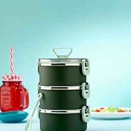Sereniva Big Bite Luch Box Compartment Plastic Microwave Safe Container Tiffin Box, Airtight Box with Handle&push Lock, Insulated Cute (GREEN, 3 layer)-picture-28