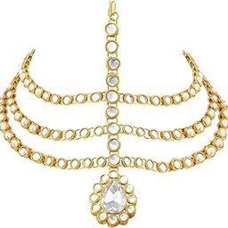 Gold Plated 3 Layer Traditional Crystal White Kundan Matha Patti/Maang Tikka for Women-image-46