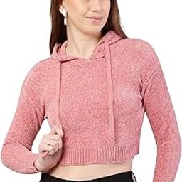 Women's Polyester Full Sleeve with Hooded Crop Peach Sweatshirts-image-83
