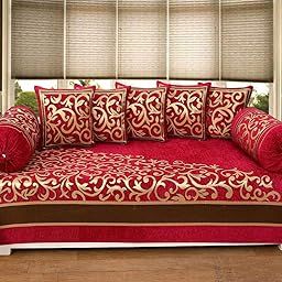 FRESH FROM LOOM Chenille Floral 500 TC Diwan Set Red - 1 Single Bedsheet with 2 Bolster Covers and 5 Cushion Covers (8pc Set)-image-26