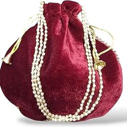Velvet Potli Bag, Red with Gold Embellishments and Pearl Detailing, Traditional Women's Handbag-image-86