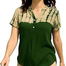 Hand Tie - Dye Casual Rayon Green Top for Women-image-96