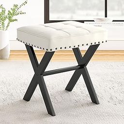 LUE BONA White Vanity Stool, Square Faux Leather Makeup Stool with Metal X Legs, Small Ottoman Stool Chair for Vanity, Padded Vanity Seat Foot Rest Stool for Makeup Room, Living Room, Bathroom-image-38