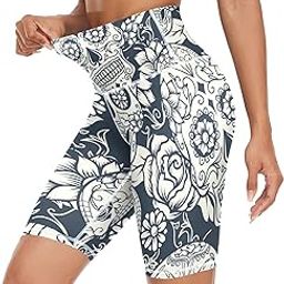 Sugar Skull with Floral Womens Yoga Shorts High Waist Athletic Biker Shorts with Pocket-image-85