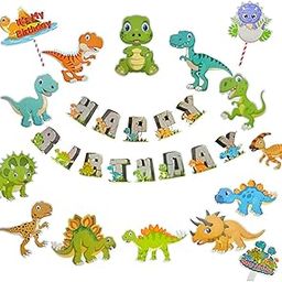 FI - FLICK IN 17 pcs Happy Birthday Dinosaur Theme Decoration Set Dino Figure Cutouts Props Cake Topper Dinosaur Theme Birthday Decorations Kit Jungle Safari Decor (Pack of 17, Multicolor)-image-86