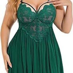 Plus Size Lingerie Lace Babydoll Womens Strap Chemise Nightgown V Neck Nighty Mesh Sleepwear Side Slit Nightdress-image-99