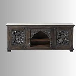 FURNWEAVE Solid Wood TV Unit for Living Room | Handcrafted Antique Wooden TV Cabinet with Drawers & Doors | Wooden Entertainment Console Table for Home (Dark Grey Distress)-image-42