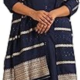 Navy Blue Cotton Blend Solid Kurta Sets for Women-image-2