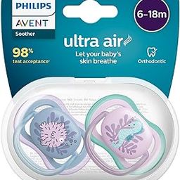 Philips Avent Pacifier Ultra air | Lets Your Baby's Skin Breathe | Orthodontic & BPA Free | 2 Pack | 6-18m | SCF085/61-18
