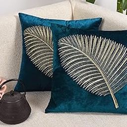 Decoghar Turquoise Handmade Sofa Cushion Covers | Golden Zari Leaf Embroidered Square Throw Pillow Cushion Cover | 18 X 18 Inch | Pack of 2-image-95