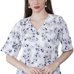 Women's & Girl's Casual V Neck Solid Printed Top with Half Sleeves Foral Top - White-image-23