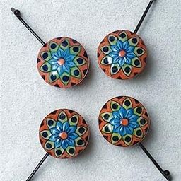 Shopping shots Set of 4 Hand Painted Ceramic Hooks (Hanger) for Wall. Multi-Colored Ceramic with Iron Frame Multi use Hooks. Blue Floral Fusion Design-image-9