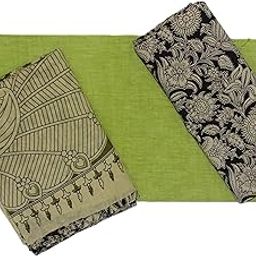 Traditional Kalamkari Cotton Dress meterial Set, Floral and Geometric Print, Green and Black, 3 Pieces-image-22