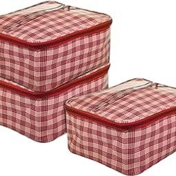 Kuber Industries Under Garment Kit|Rexine Makeup Travel Organizer|Check Print Vanity & Cosmetic Pouch|Toiletry Bag with Handle for Men & Women|Pack of 3 (Red)-image-8