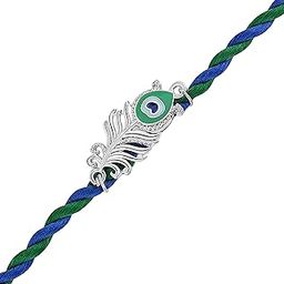 Peacock-Feather-Theme Rakhi for Brother | Krishna Mor Pankh Design on Blue-Green Braided Thread (RA1100839R)-image-16