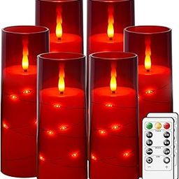 LTETTES Set of 6 Red Acrylic Fiberglass Flameless Flickering LED Candles | 2X - 2.3" Dia x 5",6",7" Height, with Embedded Copper String Lights | AA Battery Powered with Remote for Home Decor & Gifts-image-36