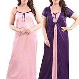 2 PCS Set Satin Maxi Night Dress Suits Nighty for Women-image-12