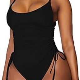 Women's Ruched Drawstring One Piece Swimsuit Cheeky Sexy Bathing Suit Black Medium-picture-4