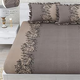 ULOM 350 TC Premium Heavy Cotton Feel Elastic Fitted Bedsheet King Size with 2 Frill Pillow Covers King Size || Double Bed with All Around Elastic (Coffee Frill, Fitted - 72"x78" King)-12