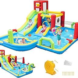 Inflatable Water Slides Park, Large Water Castle for Kids Fun Outdoor Jumping Inflatable Bouncers with Extra Large Pool and 2 Slides, 3 Types of Ball Games, Easy to Set Up with Air Blower-70