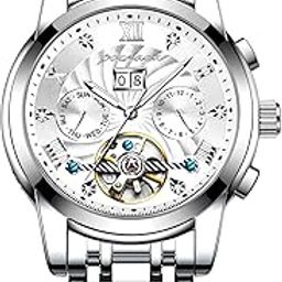 Mens Watches Automatic Mechanical Watch with Blue Dial Multi-Function Display Silver and Gold Tone Bracelet - Elegant and Intricate Design-13