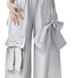 Wide Leg Cotton Palazzo Pants with Side Pockets, Elastic Waist, Light Grey Size S,M,L-image-25