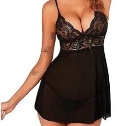 Women's Lace Night Honeymoon Dress, Women Lingerie Set Lace Teddy Strap Babydoll Bodysuit Bra Panty Lingerie, Women's Lace & net Floral Above Knee Babydoll Lingerie-image-67