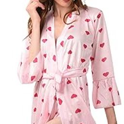Women's Heart Print Short Satin Robe with Shorts-image-31