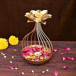 CraftVatika Metal Lotus Tealight Candle Holder for Diwali Decoration Items for Home with Base of Urli Bowl, Diwali Gift Items,- Gold (Height 9.5 Inch)-image-34