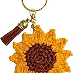 Handmade Crochet Sunflower Keyring with Tassel, Yellow and Brown, Crochet Keychain for Car, Motorbike, Bag, Purse, Knitting, Craft Materials, Crochet Keyrings & Keychains (Pack of 1)-image-88